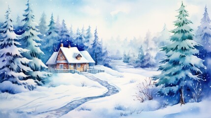 Watercolor composition with winter landscape. Little house, trees, snow, pine. Village cottage, nature.