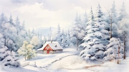 Fototapeta na wymiar Watercolor composition with winter landscape. Little house, trees, snow, pine. Village cottage, nature.