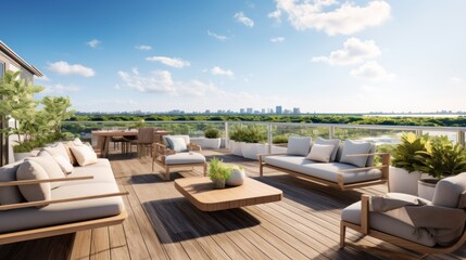 Obraz premium Spacious rooftop terrace that offers breathtaking panoramic views of the surrounding landscape. Include comfortable seating, a barbecue area, and lush greenery to create a perfect space for relaxation