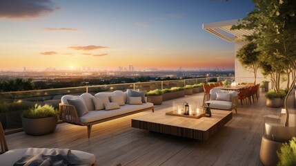 Obraz premium Spacious rooftop terrace that offers breathtaking panoramic views of the surrounding landscape. Include comfortable seating, a barbecue area, and lush greenery to create a perfect space for relaxation