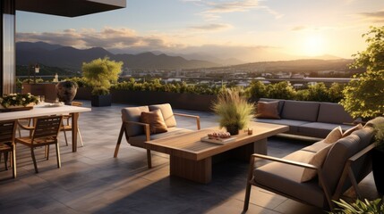 Fototapeta premium Spacious rooftop terrace that offers breathtaking panoramic views of the surrounding landscape. Include comfortable seating, a barbecue area, and lush greenery to create a perfect space for relaxation