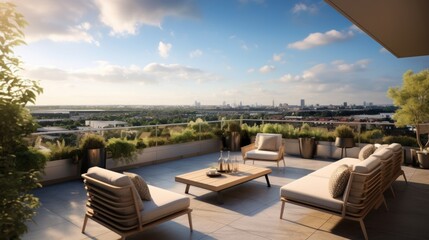 Fototapeta premium Spacious rooftop terrace that offers breathtaking panoramic views of the surrounding landscape. Include comfortable seating, a barbecue area, and lush greenery to create a perfect space for relaxation