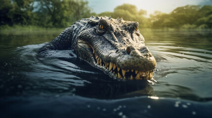 Obraz premium Alligator lurking in the lake Generative AI