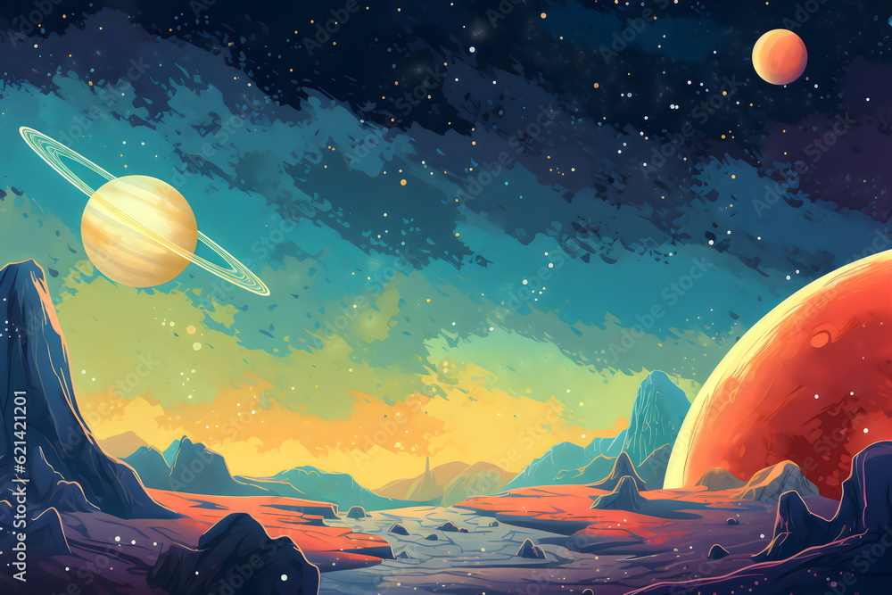 Wall mural sci-fi space planet surface landscape with copy space, vintage illustration made with generative ai
