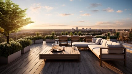 Fototapeta premium Spacious rooftop terrace that offers breathtaking panoramic views of the surrounding landscape. Include comfortable seating, a barbecue area, and lush greenery to create a perfect space for relaxation