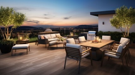 Fototapeta na wymiar Spacious rooftop terrace that offers breathtaking panoramic views of the surrounding landscape. Include comfortable seating, a barbecue area, and lush greenery to create a perfect space for relaxation