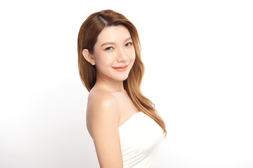 Obraz premium Beautiful young asian woman with clean fresh skin on white background, Face care, Facial treatment, Cosmetology, beauty and spa, Asian women portrait.