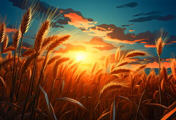 Fototapeta na wymiar wheat field in sunset landscape illustration made with generative ai