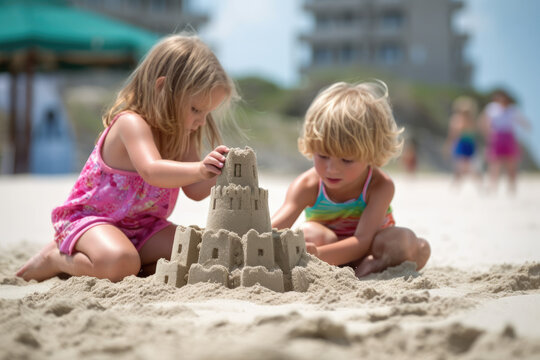 Two children are building sand castle from sand on the beach on vacation in summer holiday