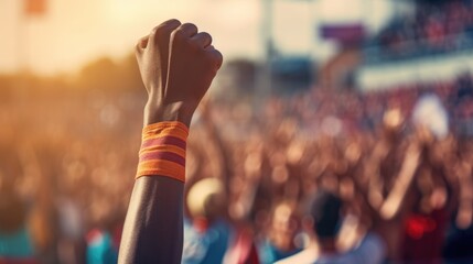 hand raised in triumph at the finish line of a marathon generative ai