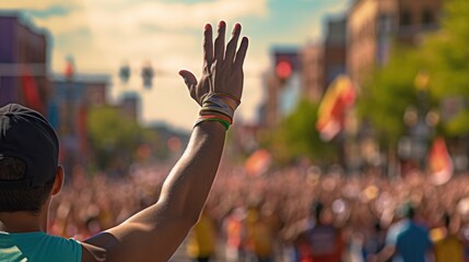 hand raised in triumph at the finish line of a marathon generative ai