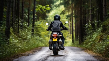 motorcyclist on a forest road generative ai