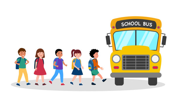 School bus kids concept. Child students enter school bus in flat design on white background.
