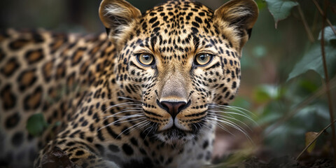 Fototapeta na wymiar Portrait of a jaguar or leopard in the wild, close-up. Generative AI