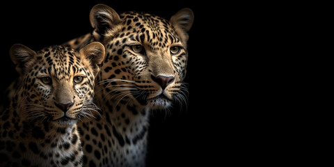 Fototapeta na wymiar Portrait of two leopards or jaguars on an isolated black background. Generative AI
