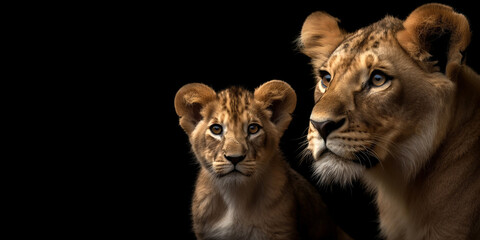 Fototapeta na wymiar Portrait of a lioness and her cub together next to each other, close-up and on an isolated black background. Generative AI