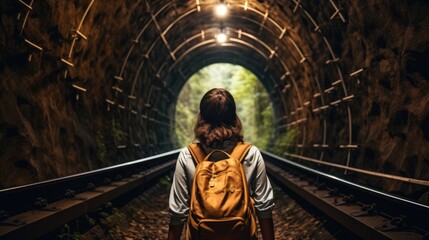 Obraz na płótnie Canvas traveler on a train journey through a tunnel generative ai