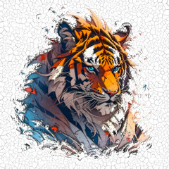 Angry tiger roaring art, in white background, 3d render illustration. Design for wall painting, canvas painting. Abstract impressionism. Render 3d art. Low poly mosaic.
