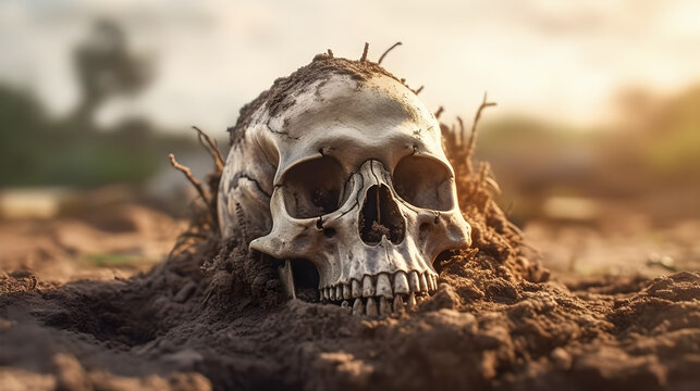 Skull of human was buried in soil . Created by generative AI .