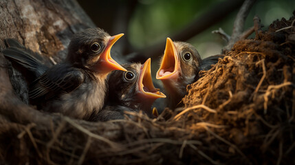 Generative AI image of a nest brimming with famished bird hatchlings, their mouths wide open, eagerly awaiting a meal from their parents.