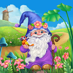 Obraz na płótnie Canvas Illustration of a gnome with a bird and flowers 
