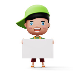 Happy child with bag holding blank white board, cute boy cartoon character, 3d rendering