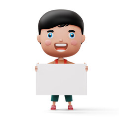 Happy child with bag holding blank white board, cute boy cartoon character, 3d rendering