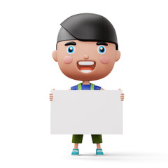 Happy child with bag holding blank white board, cute boy cartoon character, 3d rendering