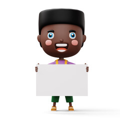 Happy child with bag holding blank white board, cute boy cartoon character, 3d rendering
