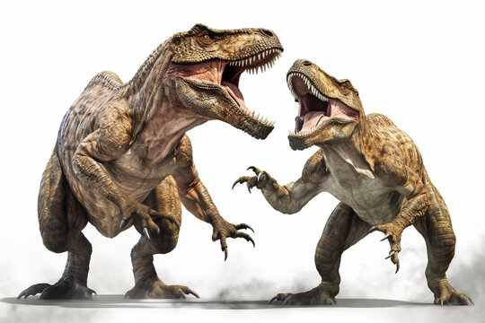 戦う2匹のティラノサウルス　白背景　AI生成画像　ジェネレーティブAI
