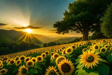 Zelfklevend Fotobehang sunflower field at sunset © Humaira