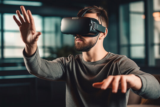 Handsome young man using virtual reality headset and gesturing while sitting at home