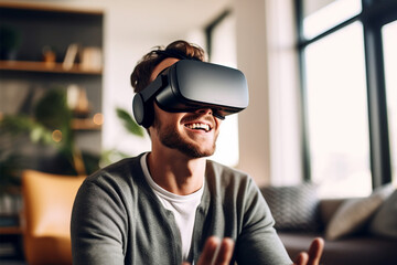 man with virtual reality headset or 3d glasses playing game at home