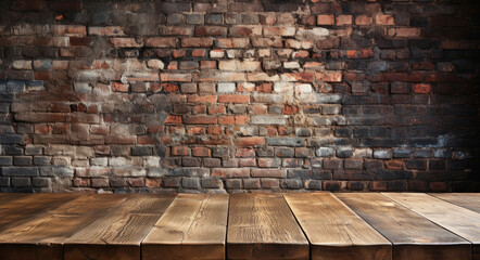 Empty old wooden table with old brown brick wall on background, Generative AI
