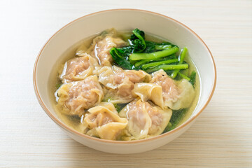 pork wonton soup or pork dumplings soup with vegetable