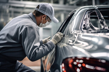 Worker at the factory reviewing a new car, Generative AI