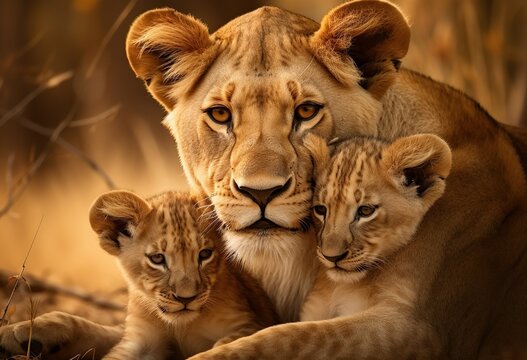 Depict a lioness and her cubs in a tender moment