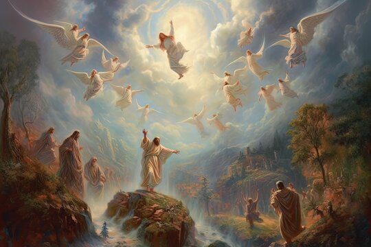 Apostles with wings soar in the sky above the crowd of the righteous AI