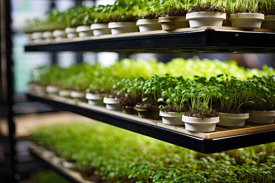 Close-up of a trays with microgreens, modern urban microgreen farm, Generative AI