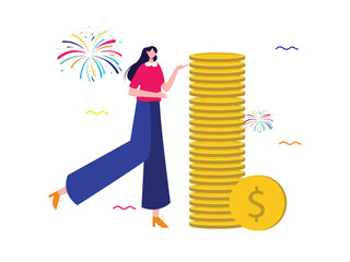 stack of gold dollar coin currency finance economy wealth success income profit and happy girl cute smile expression