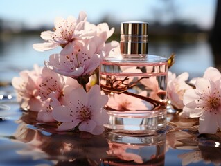 Product photography, a very small bottle of light pink moisturizer and white flowers next to water, flowing water vertically, soft lines, youthful vitality, clean, simple, light background,