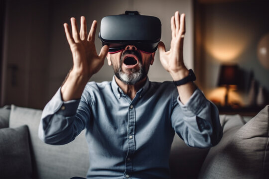 Elderly man wearing virtual reality goggles watching movies or playing video games.