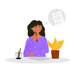 Girl thinking and write resume for job vacancy illustration. Girl preparing a job application illustration.