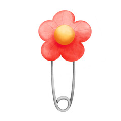 Watercolor red flower safety pin clipart. Hand painted school element illustration isolated on white background.