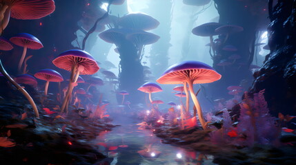 Naklejka premium fantasy glowing mushroom landscape in pink and blue made with generative ai 