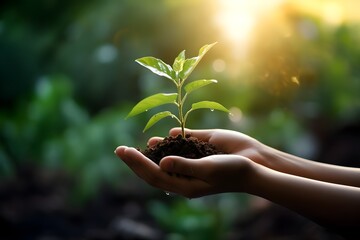 hand holding young plant with sunlight on green nature background. concept eco earth day. created generative AI.