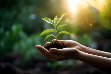 hand holding young plant with sunlight on green nature background. concept eco earth day. created generative AI.