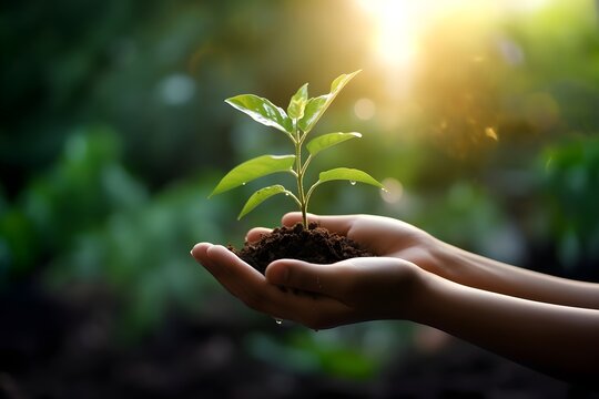 hand holding young plant with sunlight on green nature background. concept eco earth day. created generative AI.