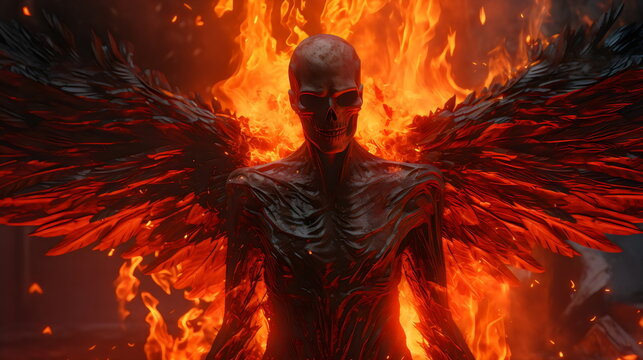 skeleton winged horror demon with flames, fantasy creature made with generative ai