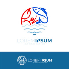 Crab and fish logo with restaurant icons, seafood icon template, wave logos